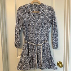 Zara Navy and White Patterned Long Sleeve Dress